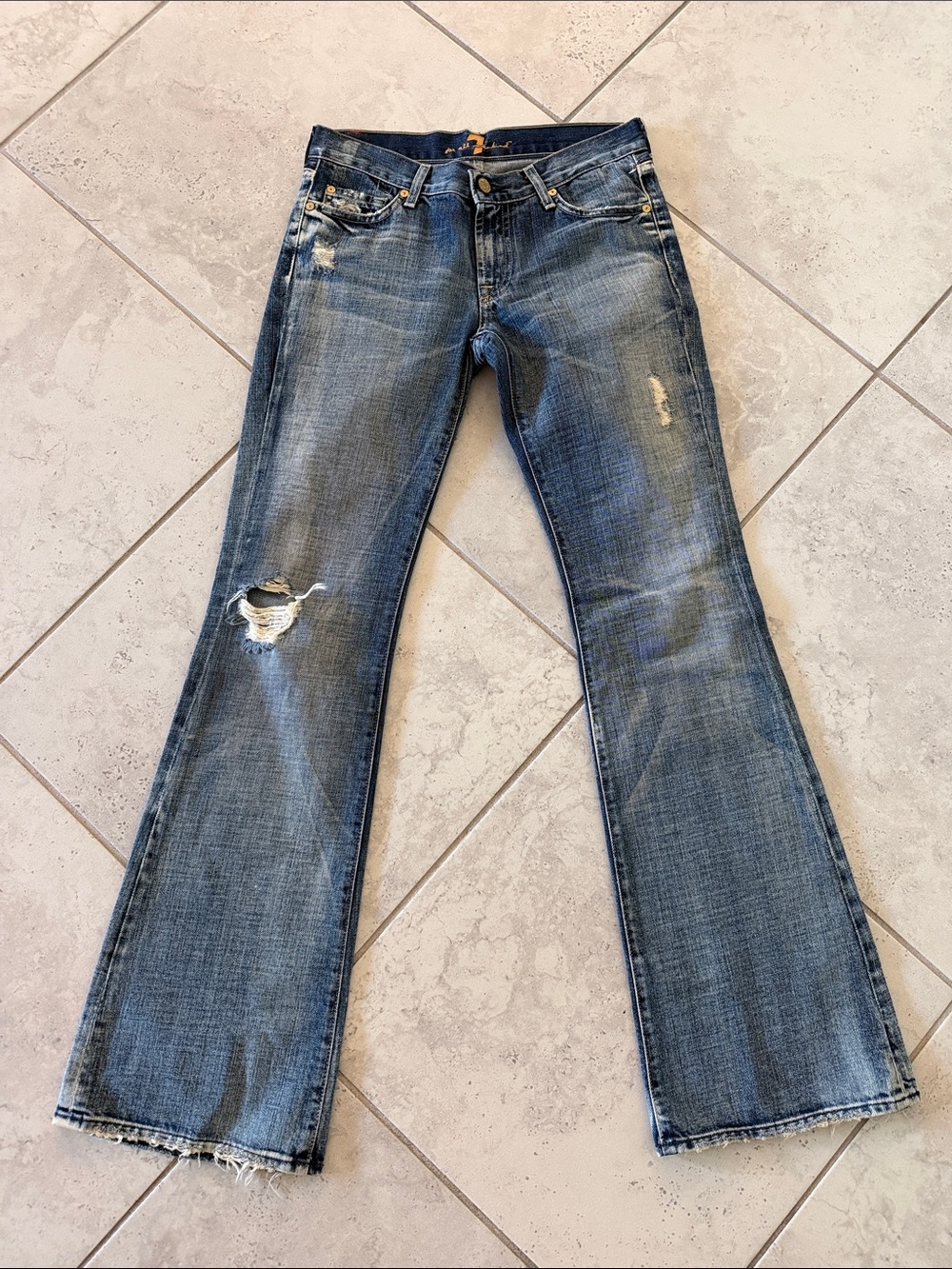 7 For All Mankind Distressed Flare Jeans in Blue Wash